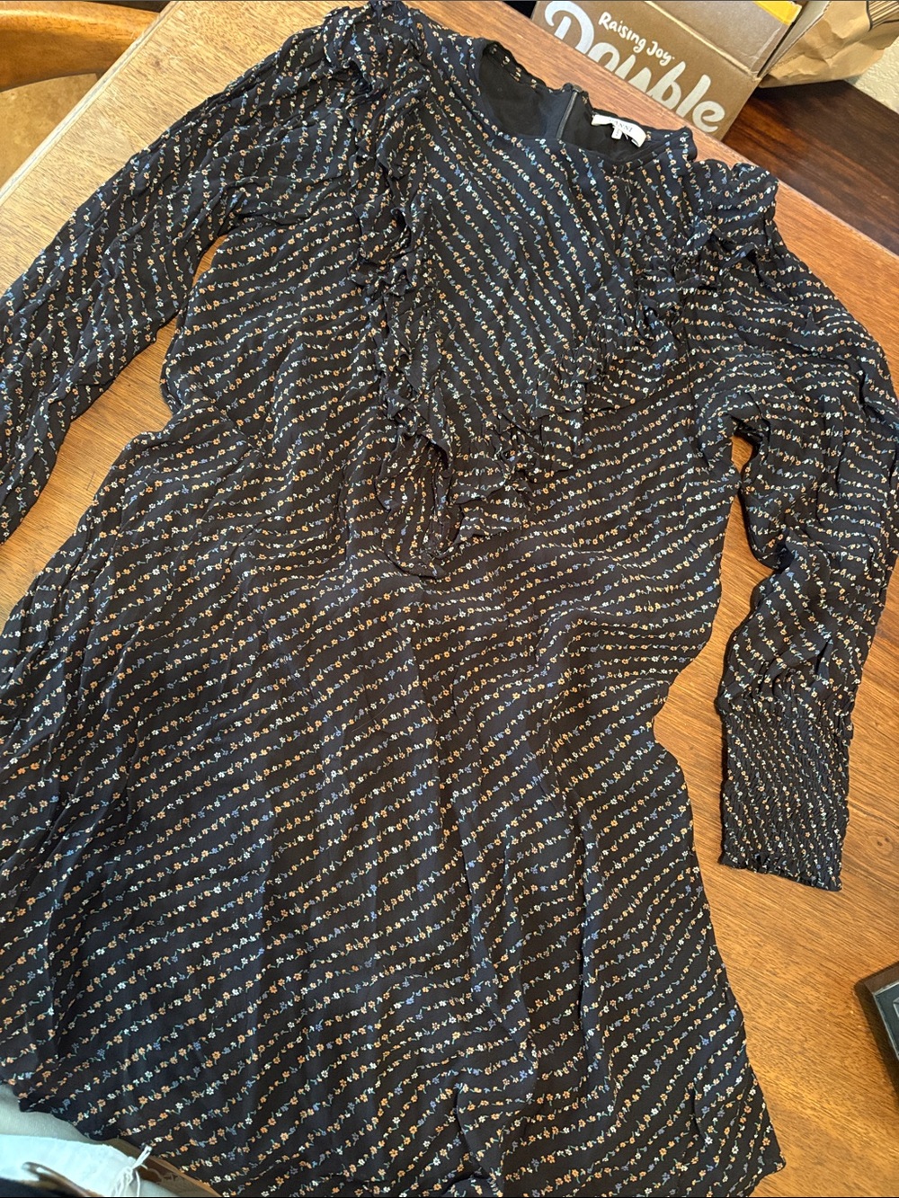 Ganni Black Long-Sleeve Ruffle-Front Dress with flowers Sz 42